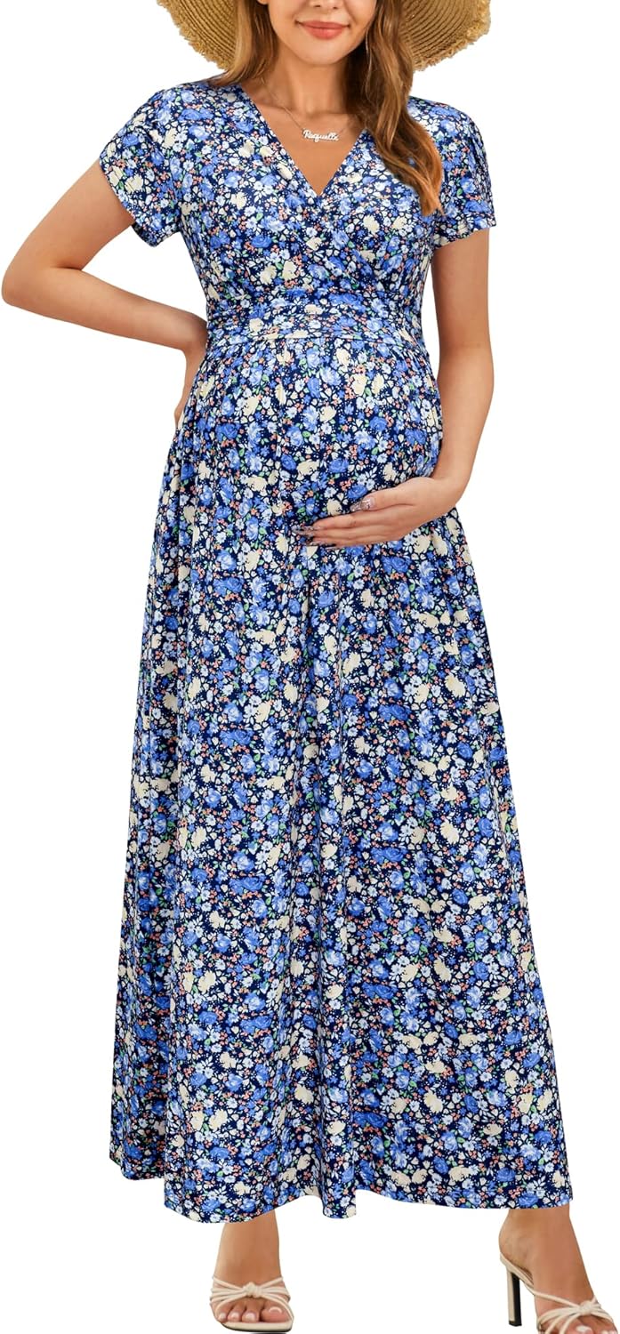 OUGES Maternity Maxi Dress Wrap V Neck for Baby Shower Events