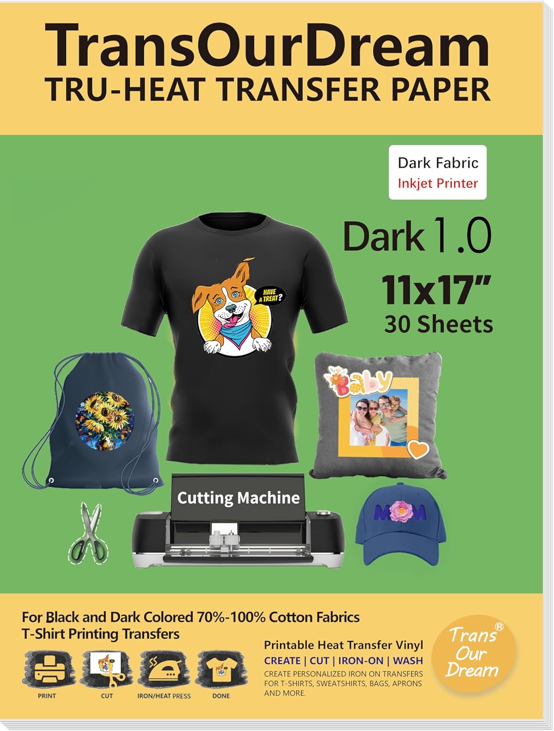 TransOurDream Dark Heat Transfer Paper for T Shirts - 30 Sheets