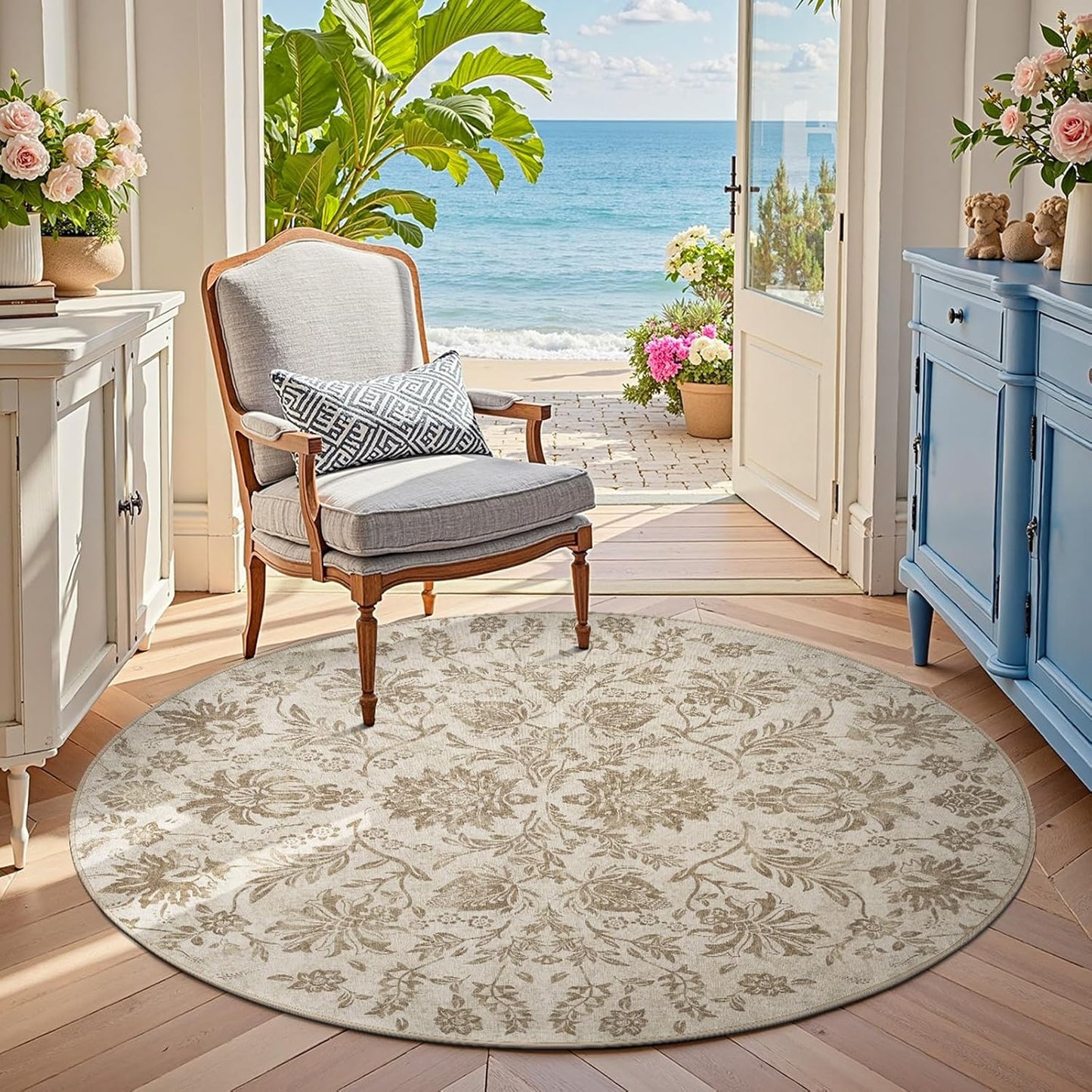 Classic Floral Round Rug 4ft - Vintage-Inspired Design for Home