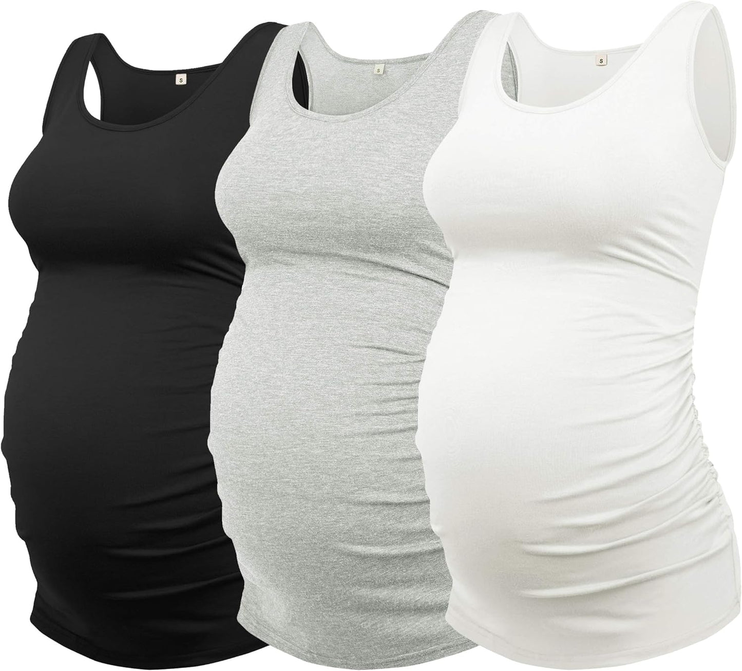 Women's Maternity Tank Top 3 Pack with Ruched Sides for Comfort
