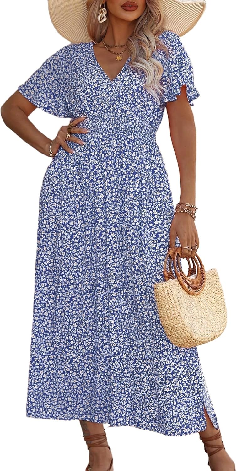 Floerns Women's Plus Size Boho Floral V Neck Short Sleeve Dress