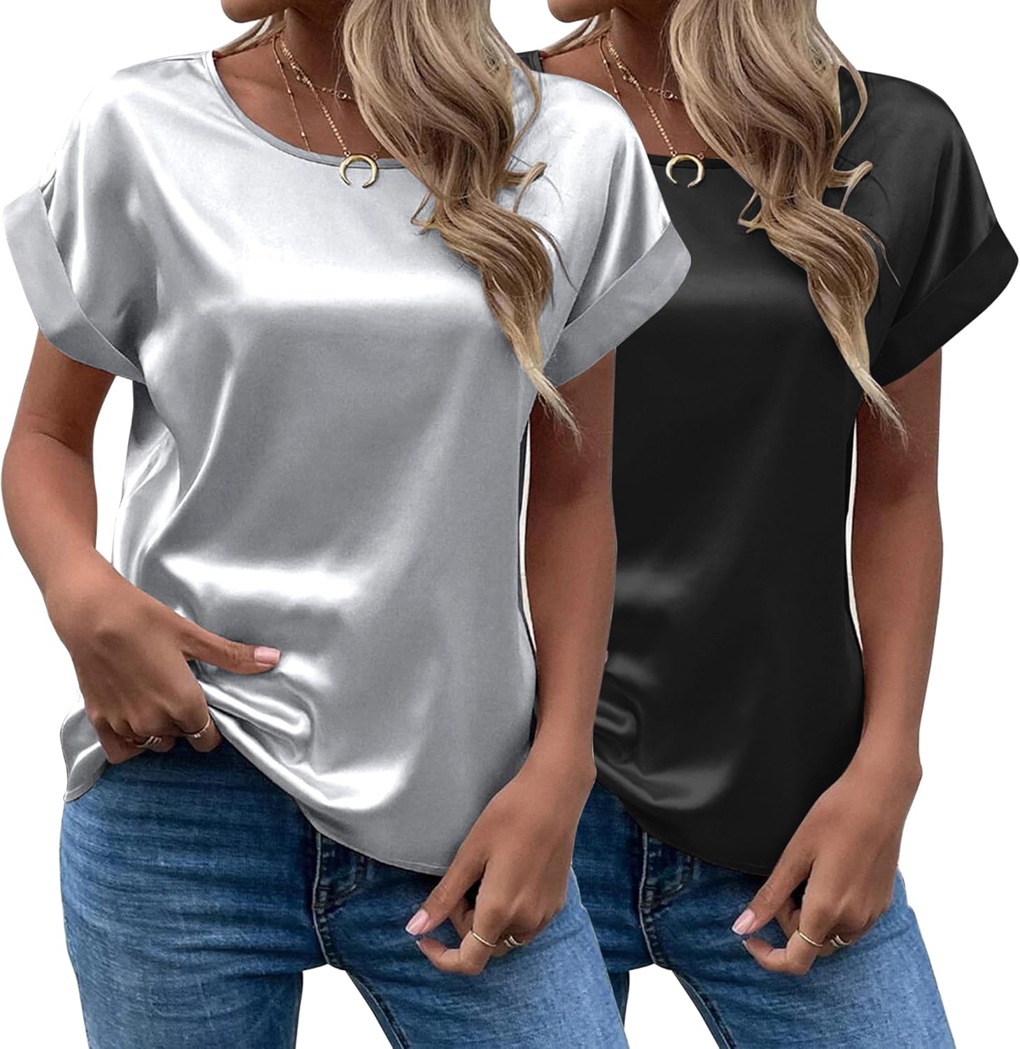 Chigant Women's Short Sleeve Satin Blouses for Casual Style
