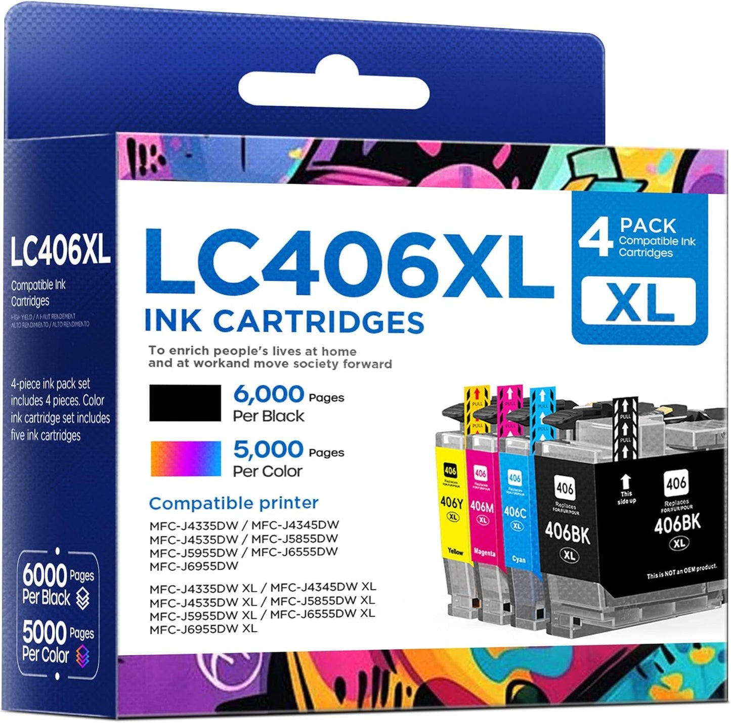 High Yield LC406XL Ink Cartridges for Brother Printers - 4 Pack