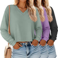 Ficerd 3 Pack Women's Cropped V Neck Long Sleeve Tops - Cozy Boxy Tees