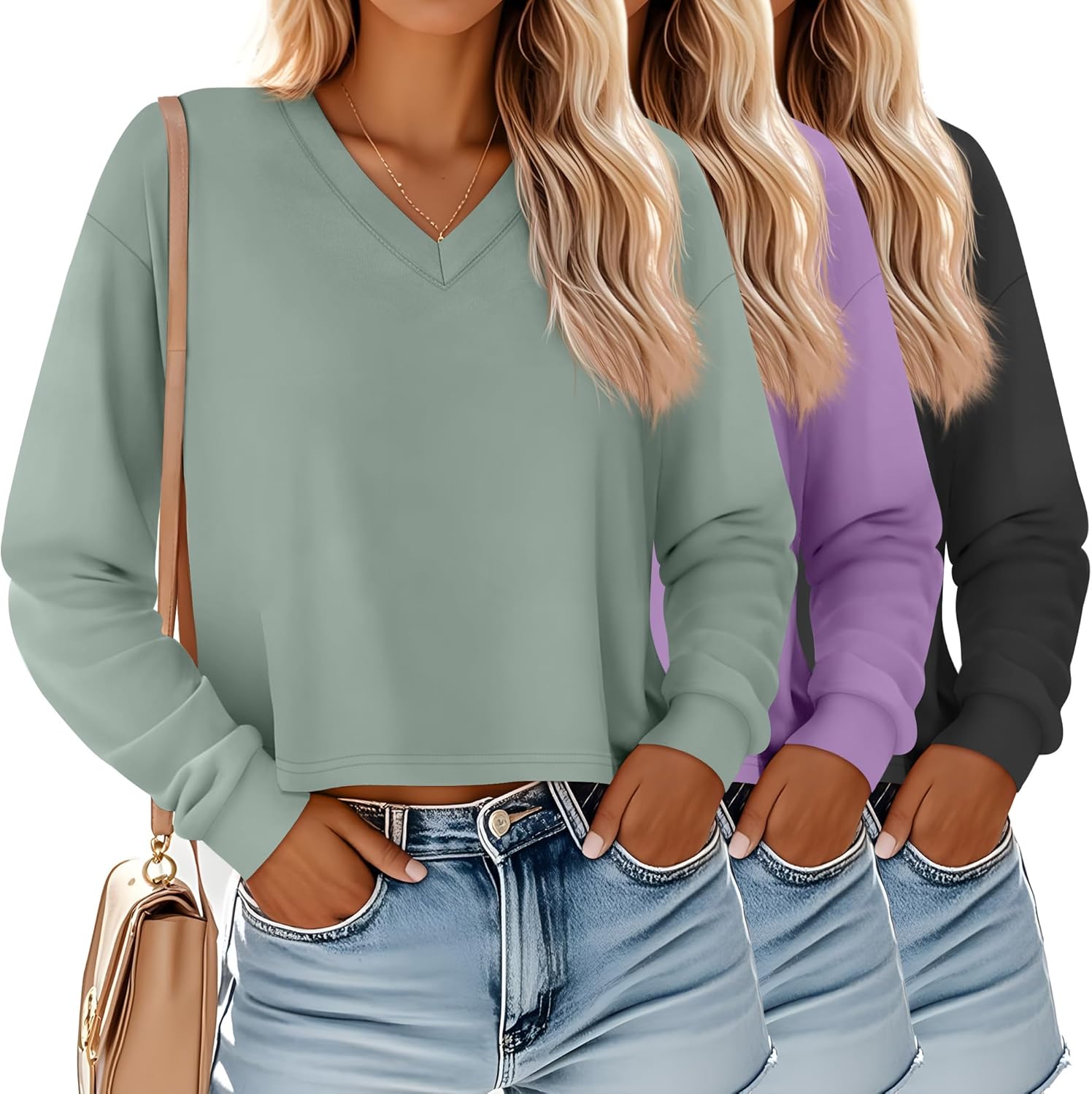 Ficerd 3 Pack Women's Crop Long Sleeve Tops for Casual Style