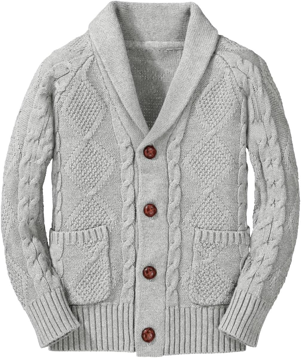 Boy's Sweater Cardigan with Shawl Collar and Cable Knit Design