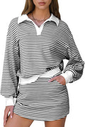 Women Fall Two Piece Cotton Striped Set - Skort & Sweatshirt