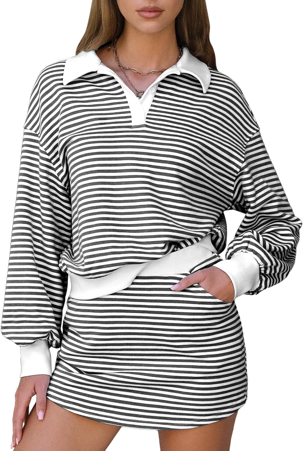 EXLURA Women Fall Two Piece Sets Cotton Striped Set for Comfort