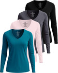 Long Sleeve Dry Fit V-Neck Athletic T-Shirt 4-Pack - Versatile