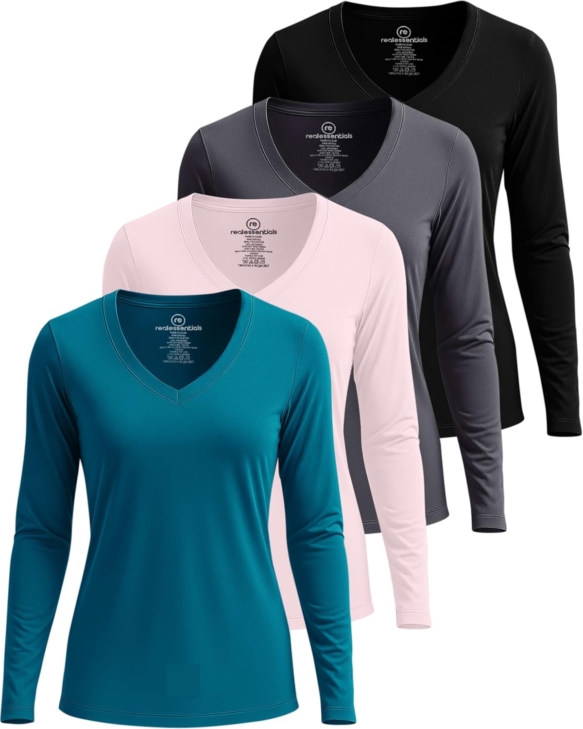 Real Essentials Women's Long Sleeve Dry Fit V-Neck Athletic Tops