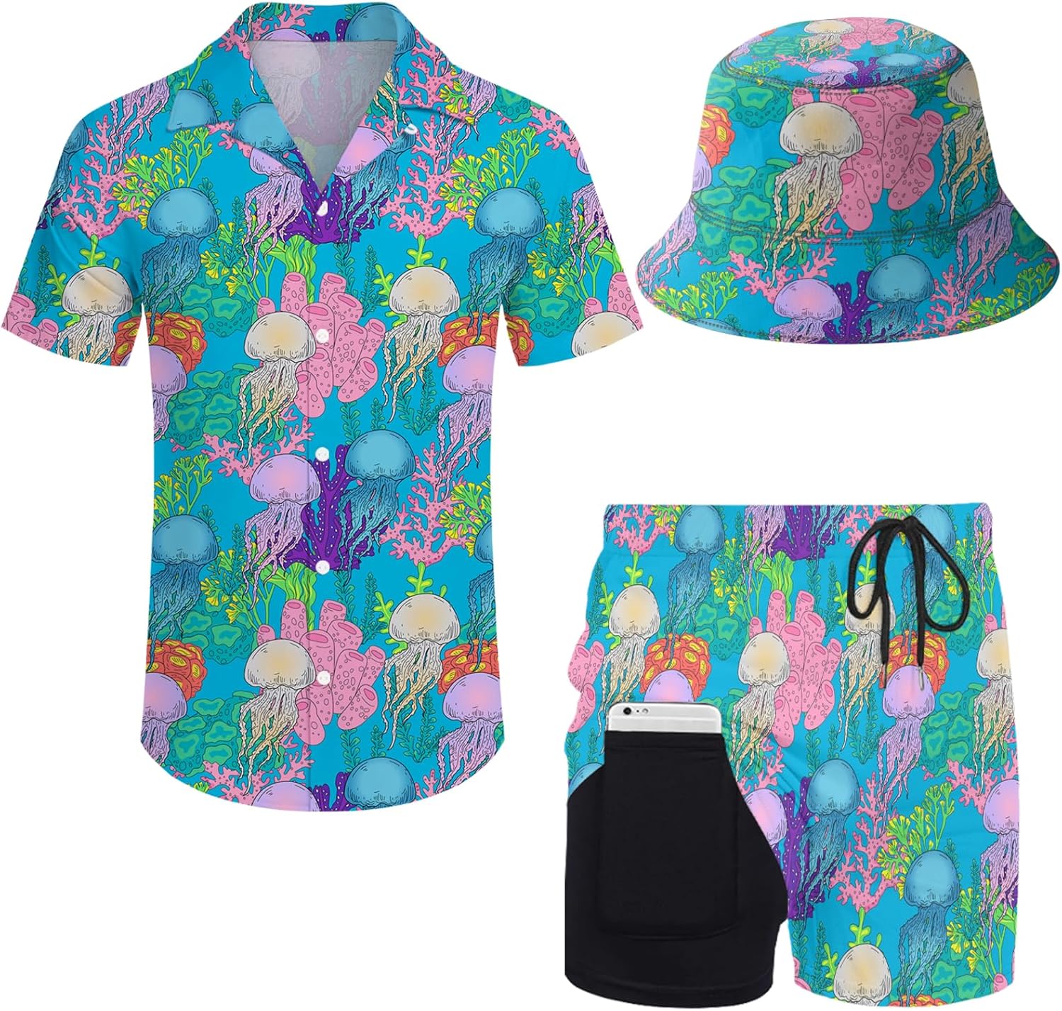 Mens 2 Piece Tracksuit Hawaiian Shirt and Compression Shorts Set