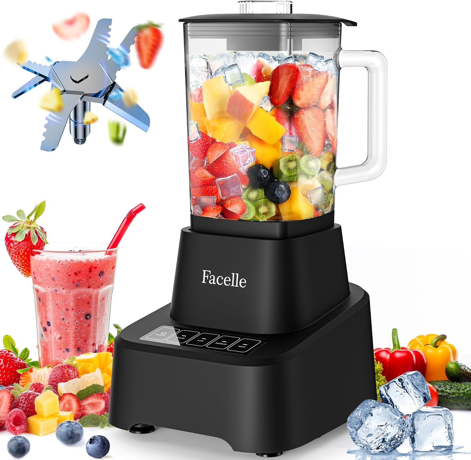 Facelle Glass Smoothie Blender - Touchscreen, 55oz, 3 Speeds