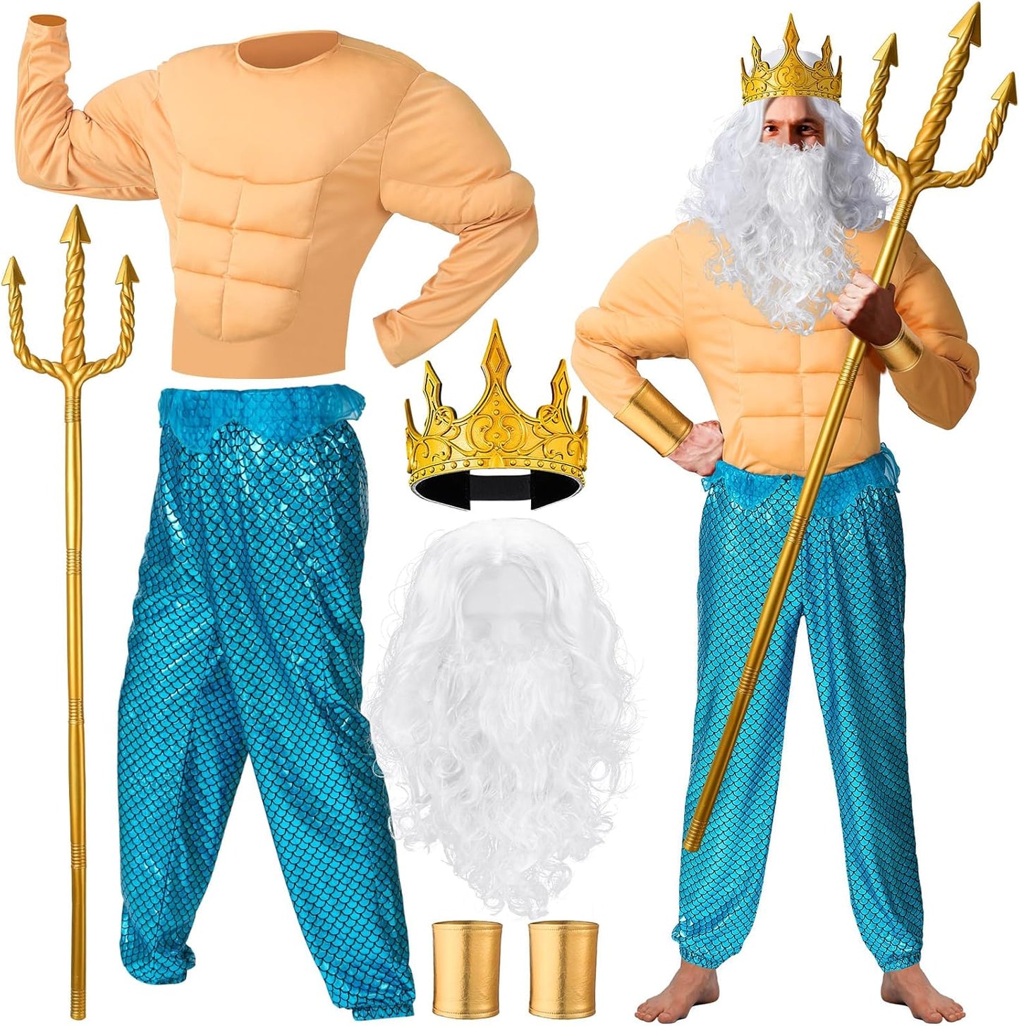 7 Pcs Halloween Poseidon Costume Set for Men with Trident