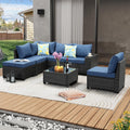 7-Piece Navy Wicker Patio Sectional Set with Glass Table