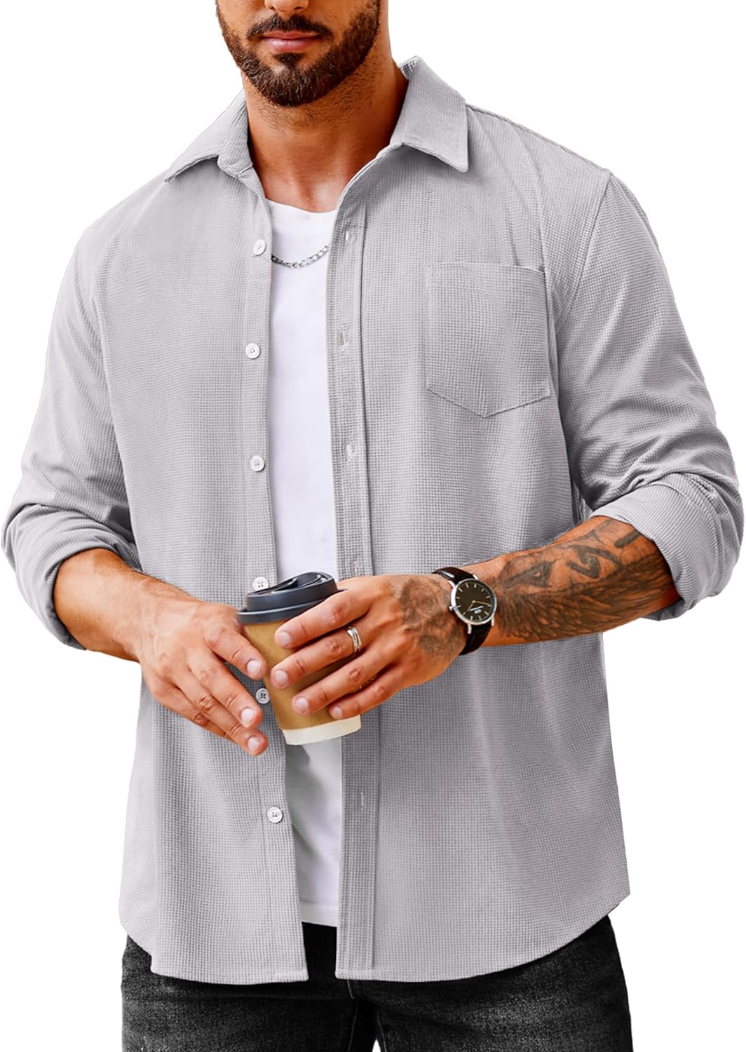 COOFANDY Men's Waffle Button Down Shirt for Casual Style