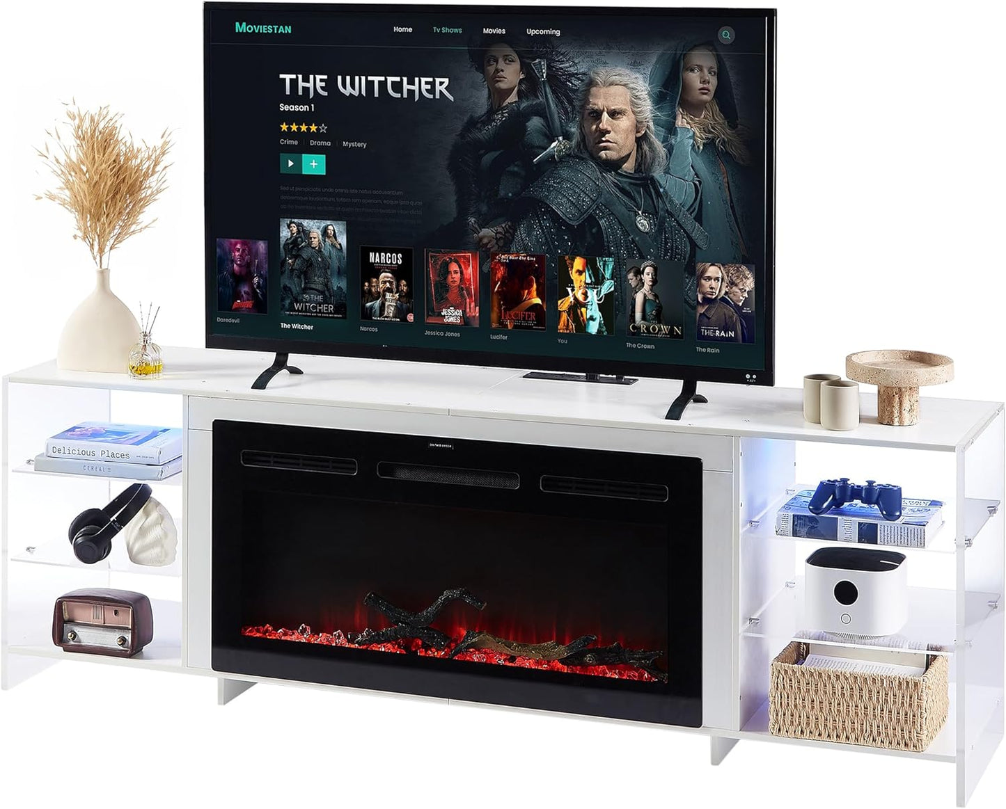 VECELO Fireplace TV Stand: 3D Flame, LED Lights, 75 TV, White