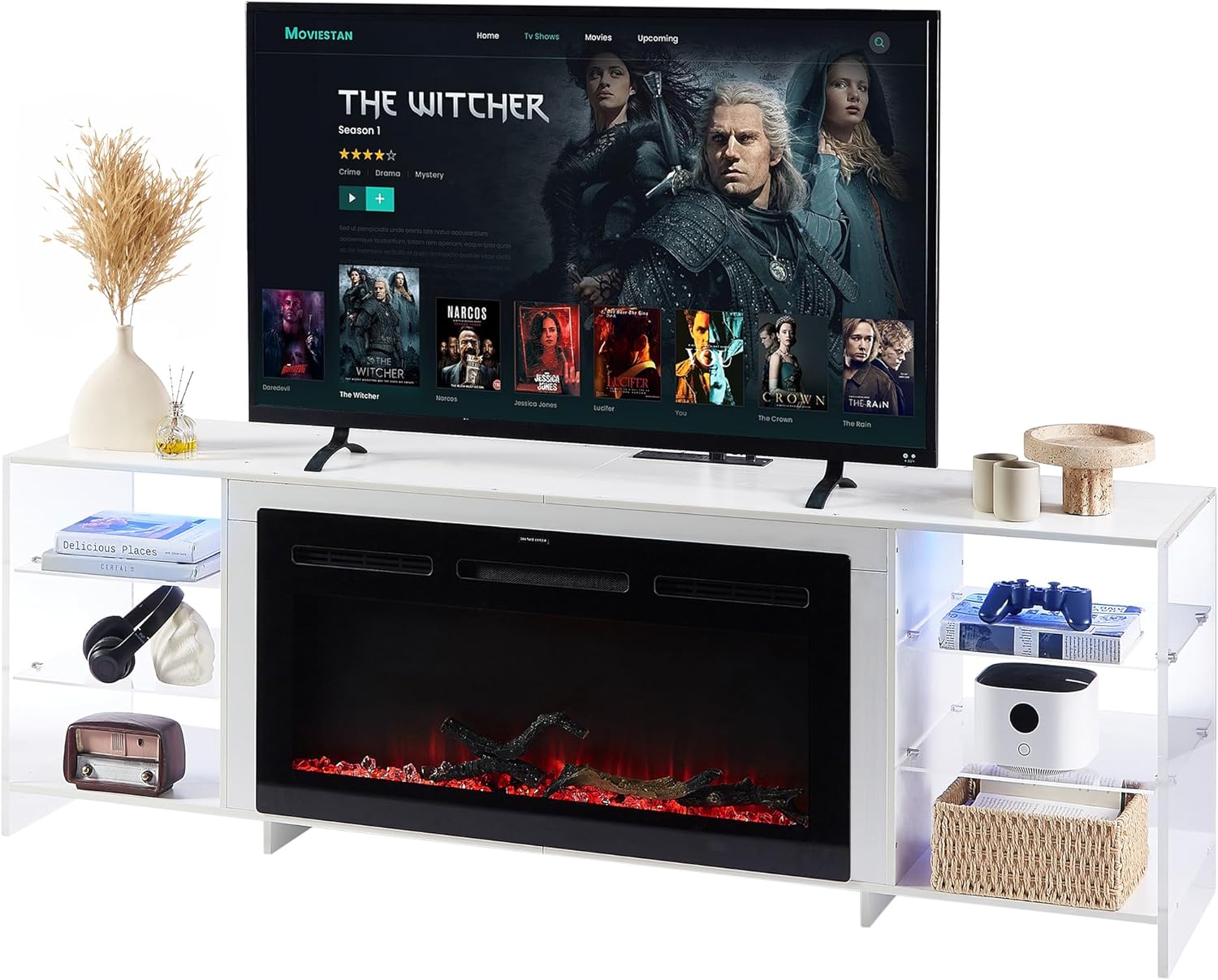 VECELO Fireplace TV Stand: 3D Flame, LED Lights, 75 TV, White