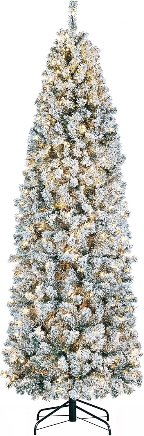 Yaheetech 7.5ft Pre-lit Snow Flocked Pencil Christmas Tree