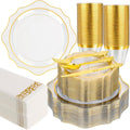350 PCS Clear and Gold Plastic Plates Set for 50 Guests - Complete