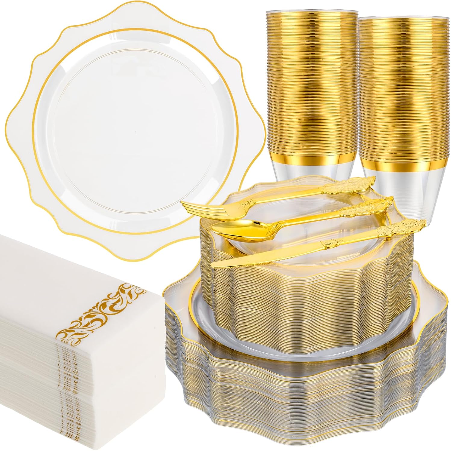 350 PCS Clear and Gold Plastic Plates for Elegant Parties