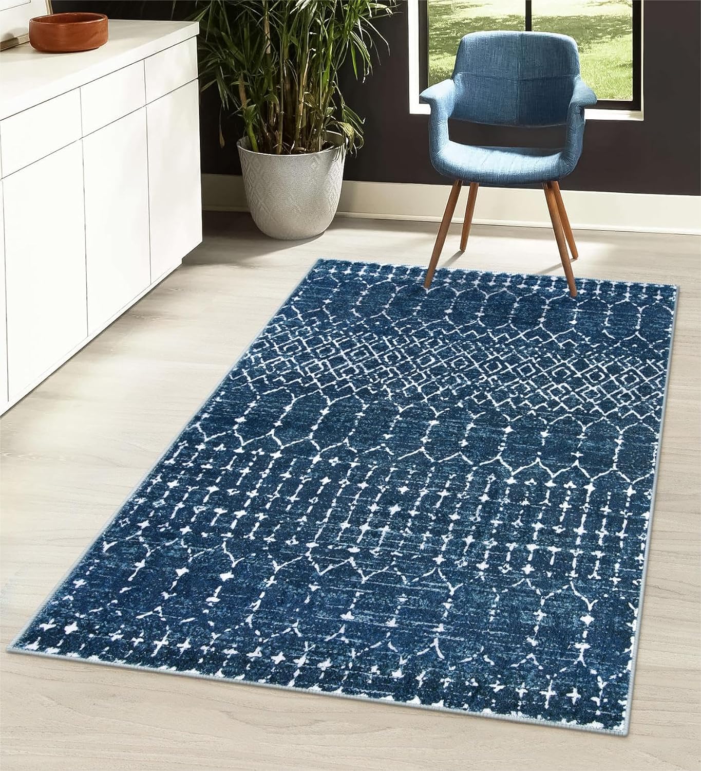 Lahome Moroccan Blue 3x5 Non-Slip Washable Soft Rug for Home