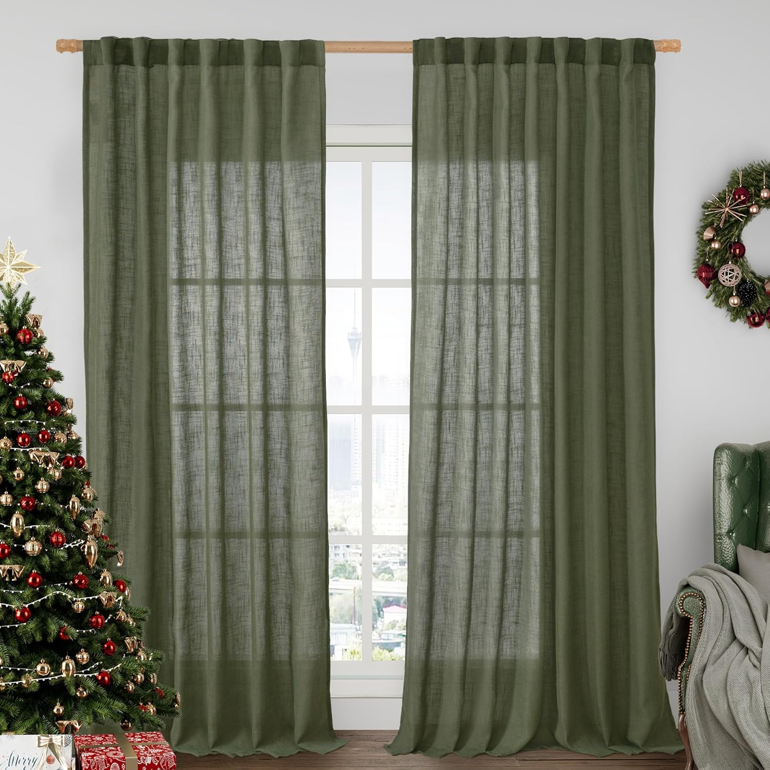LAMIT Extra Wide Linen Curtains for Bedroom, Olive Green Panels