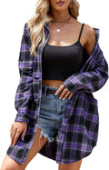 HOTOUCH Womens Flannel Plaid Shirt Mid-Long Roll Up Sleeve Casual