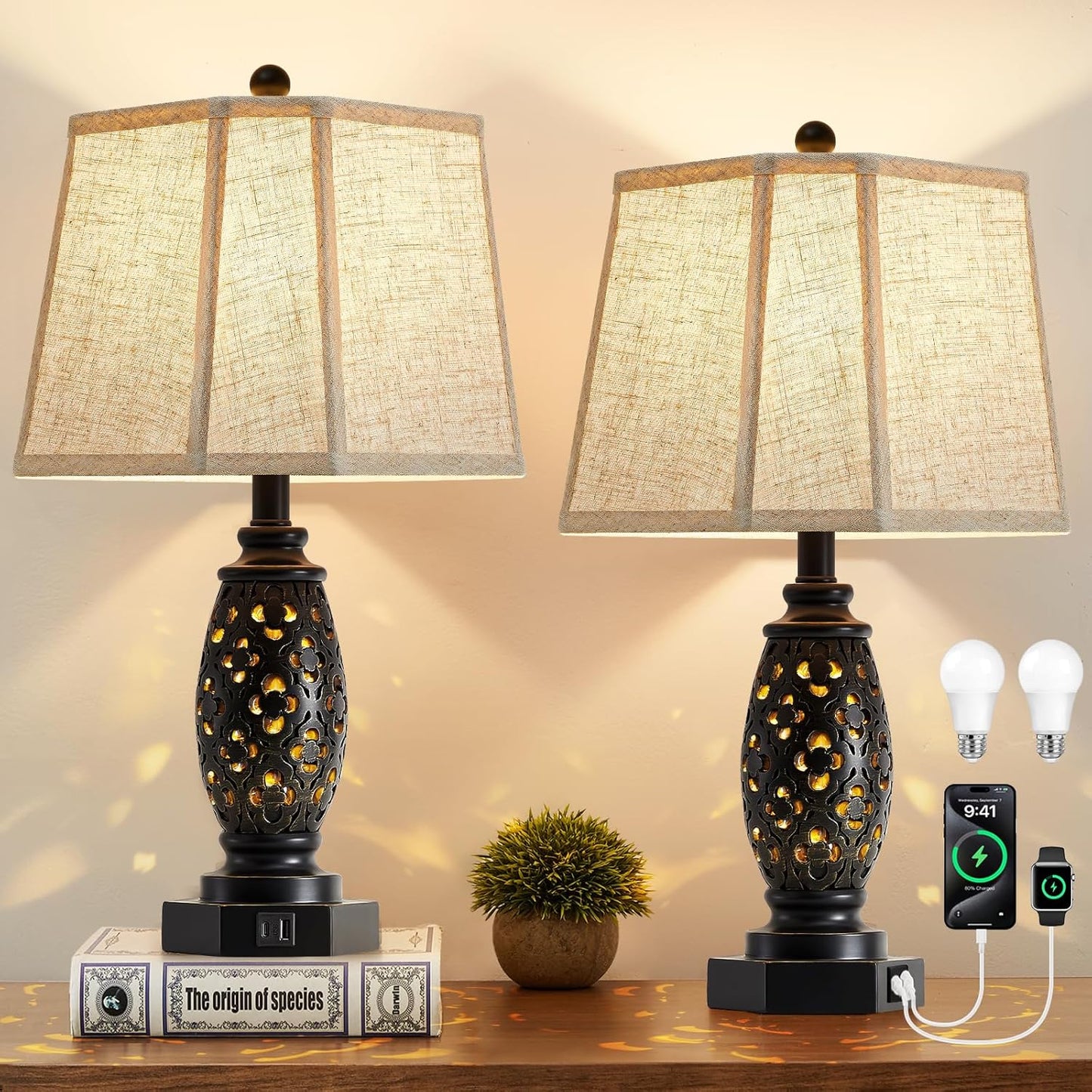 Vintage Bedside Lamp Set of 2 with USB Charging Ports and Nightlight