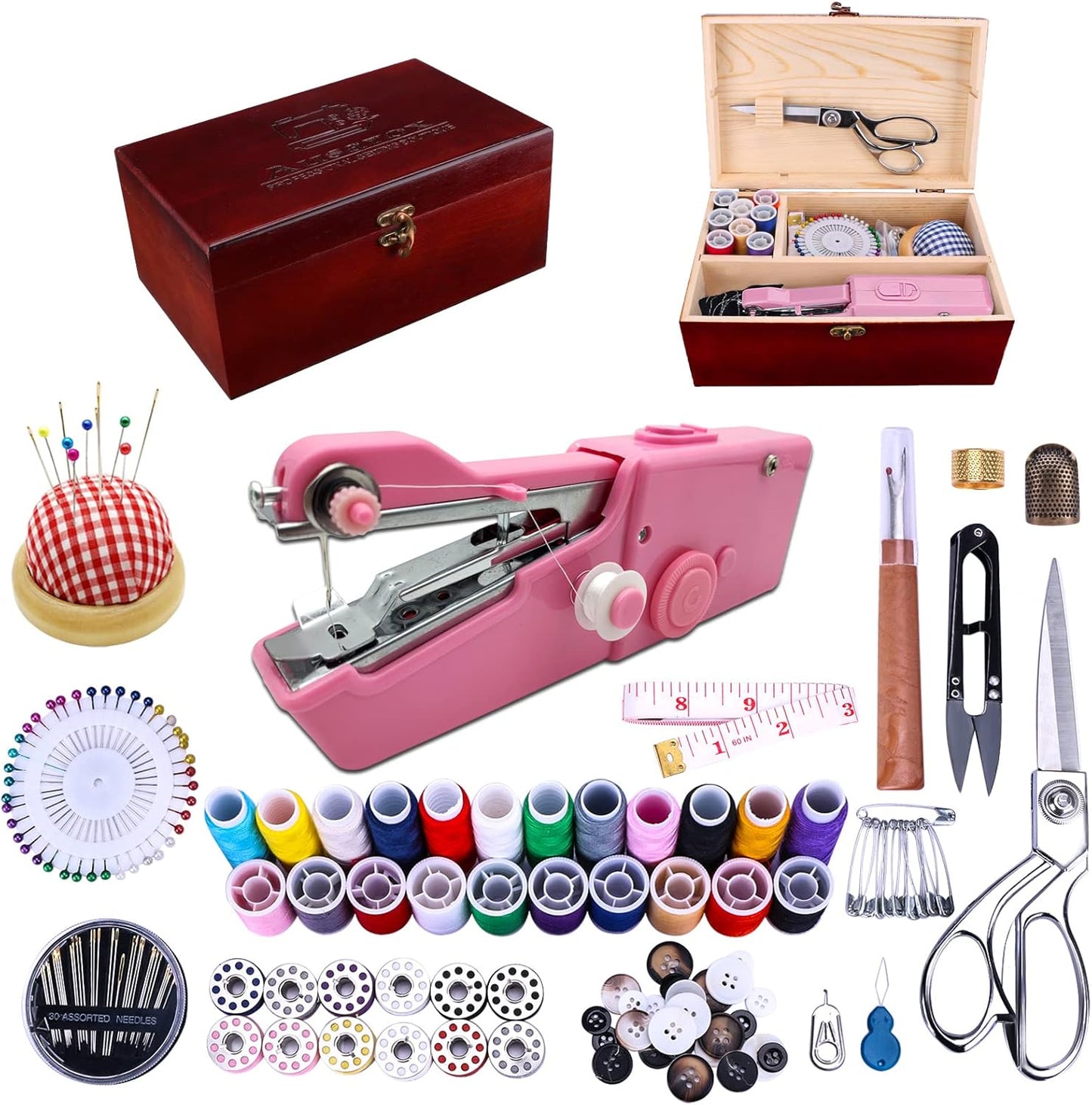 Handheld Sewing Machine with Elegant Wooden Sewing Box and Kit