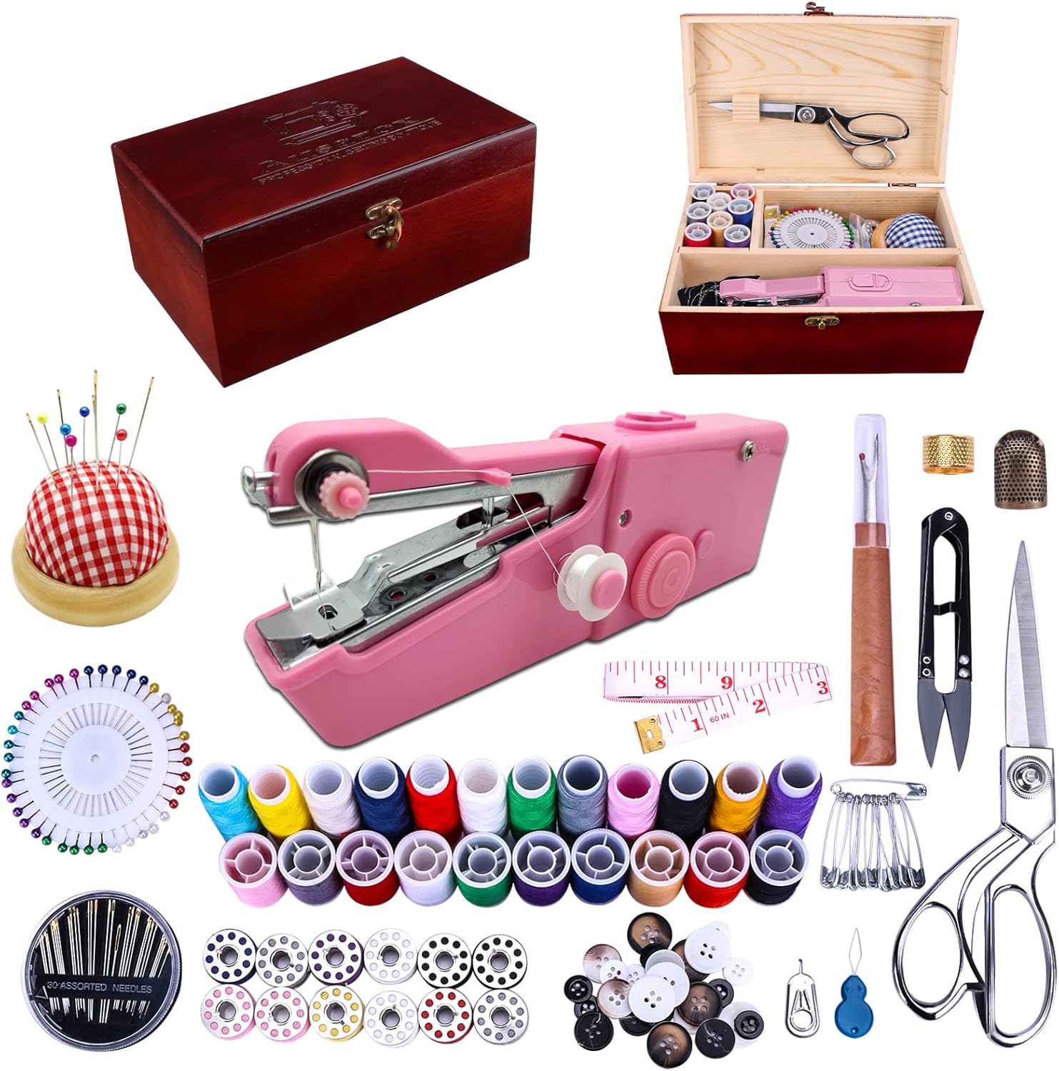 Handheld Sewing Machine with Elegant Wooden Sewing Box and Kit