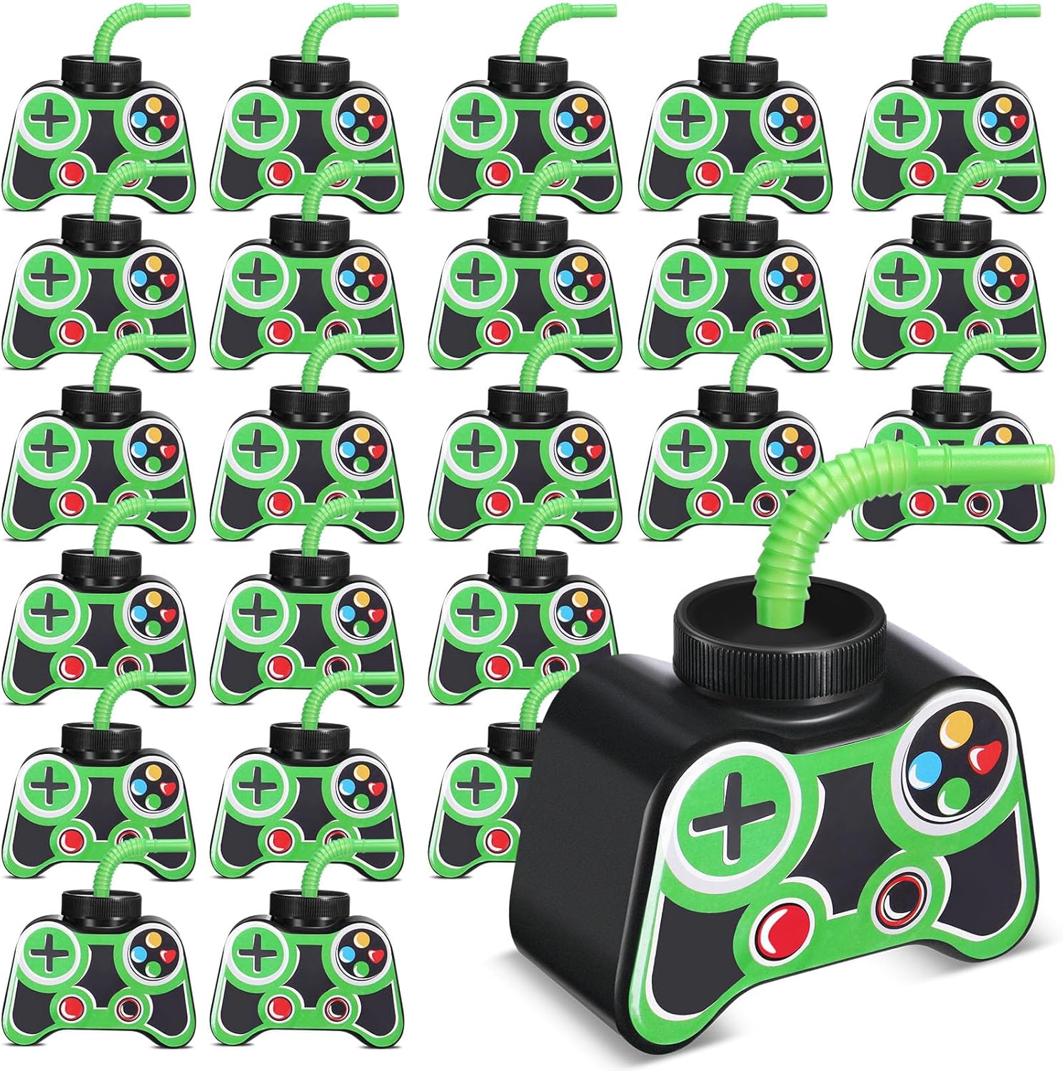24 Pcs Plastic Video Game Party Cups with Straw and Lid 10oz