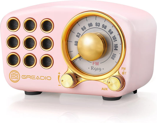 Greadio Retro Bluetooth Speaker: Powerful Bass, Vintage Style, Bluetooth 5.0 - Pink