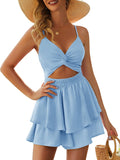 Women's V Neck Ruffle Hem Romper - Adjustable Spaghetti Strap Mini