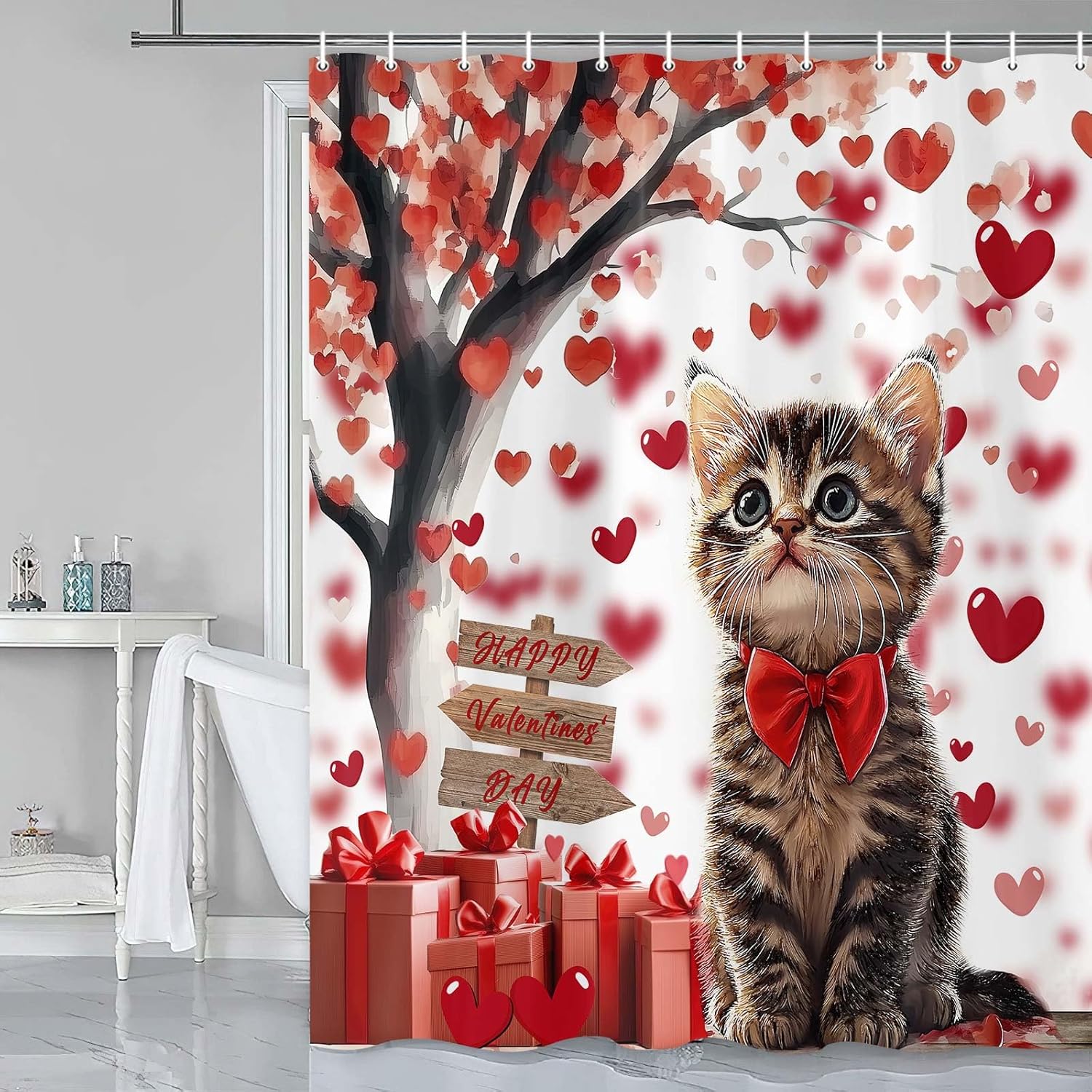 Romantic Cat Valentine Shower Curtain Set