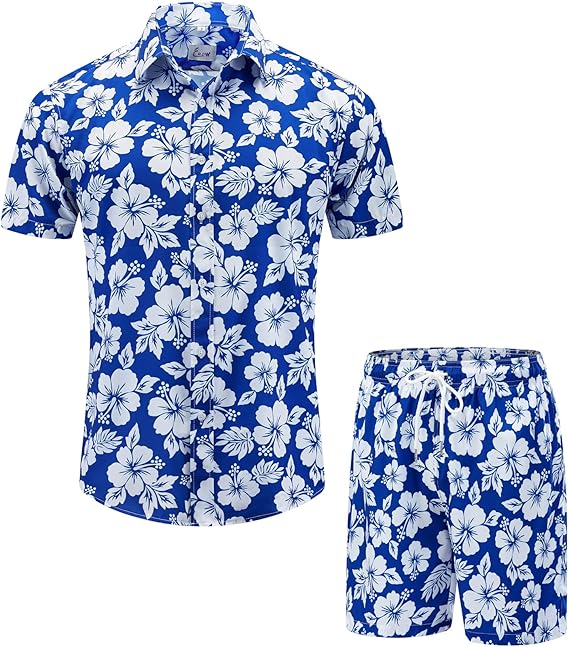 EUOW Men's Hawaiian Shirts and Shorts Set for Beach Vacations