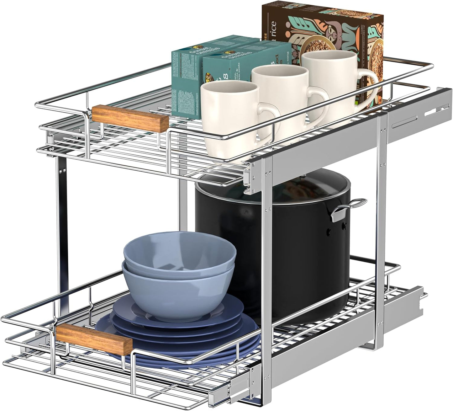 Pull Out Cabinet Organizer with 2 Tier Wire Basket Design