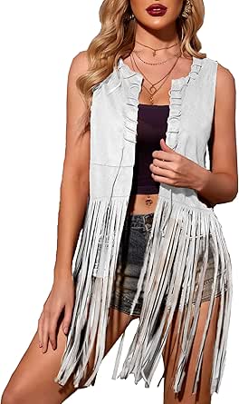 Fringe Vest for Women - Faux Suede Tassels 70s Hippie Style