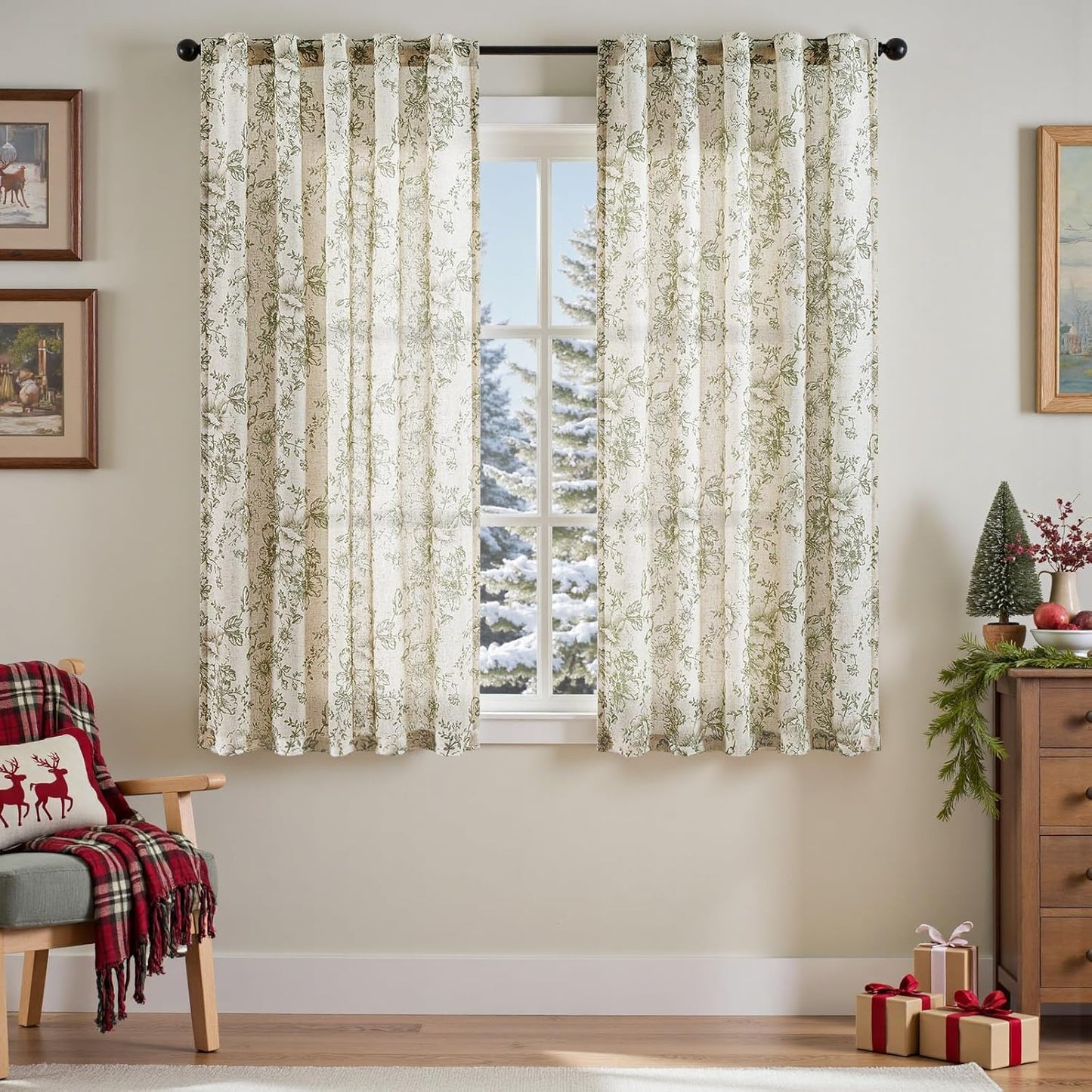 Floral Linen Blend Curtains for Living Room and Bedroom Decor