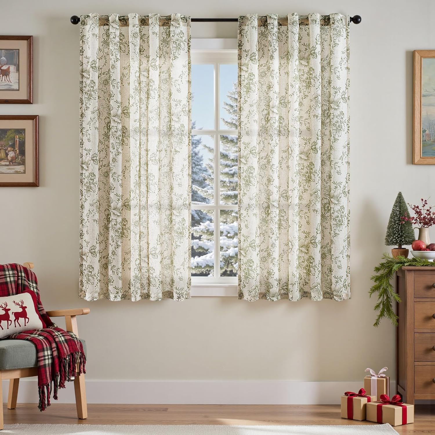 Floral Linen Blend Curtains for Living Room and Bedroom Decor