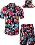 Mens Hawaiian Shirts and Shorts Set with Bucket Hat - Summer Beach