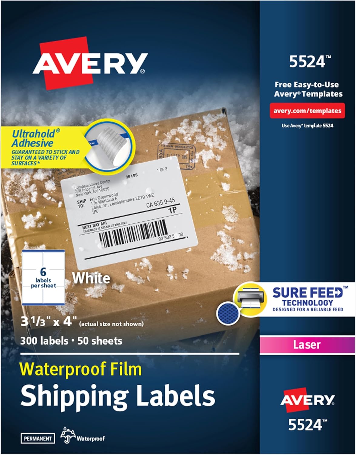 Avery Waterproof Shipping Labels, 300 White Blanks, Sure Feed Technology