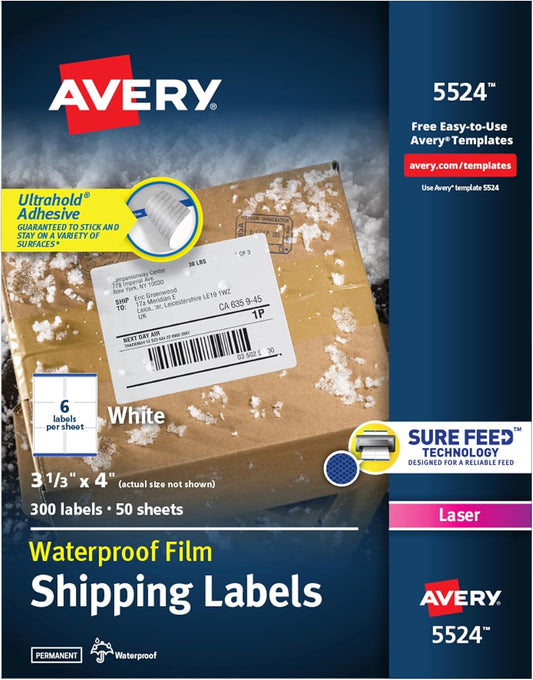 Avery Waterproof Shipping Labels, 300 White Blanks, Sure Feed Technology