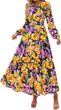 Boho Maxi Dress Floral Long Sleeve V Neck - Elegant Fall Dress