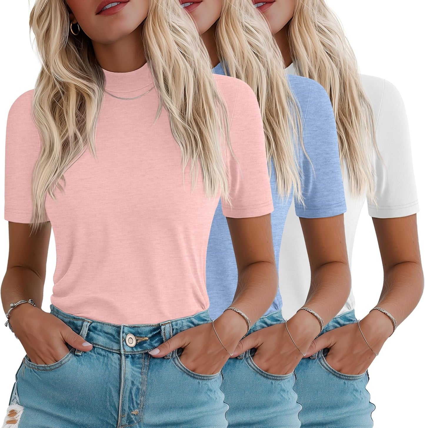 Ficerd Women's 1/2 Sleeve Mock Turtleneck Shirts - 3 Pack