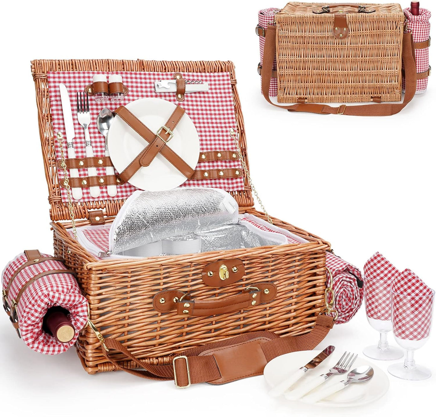 Picnic Basket for 2 with Waterproof Blanket and Insulated Cooler