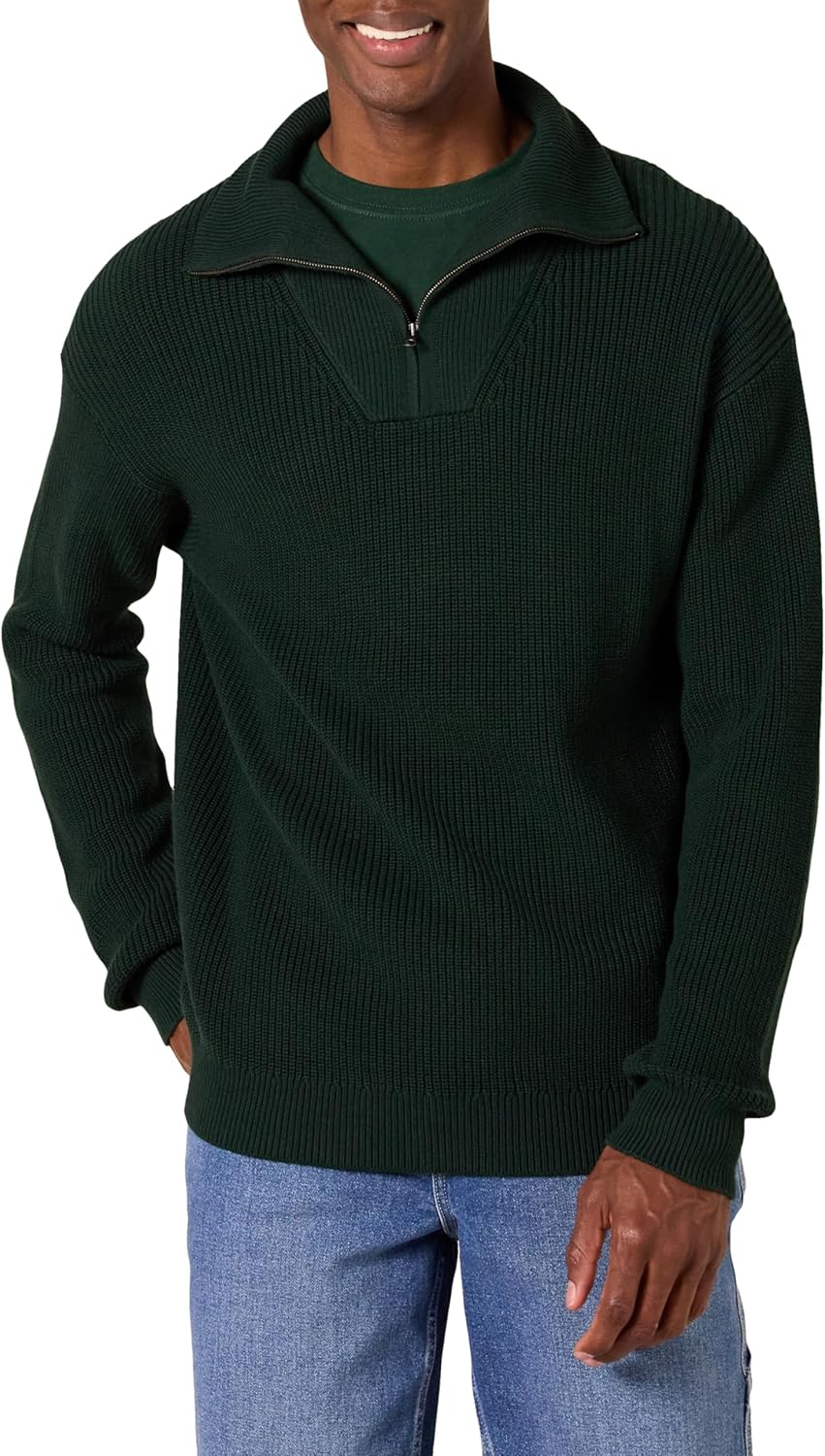 Mens Quarter-Zip Rib-Knit Relaxed-Fit Sweater for Comfort