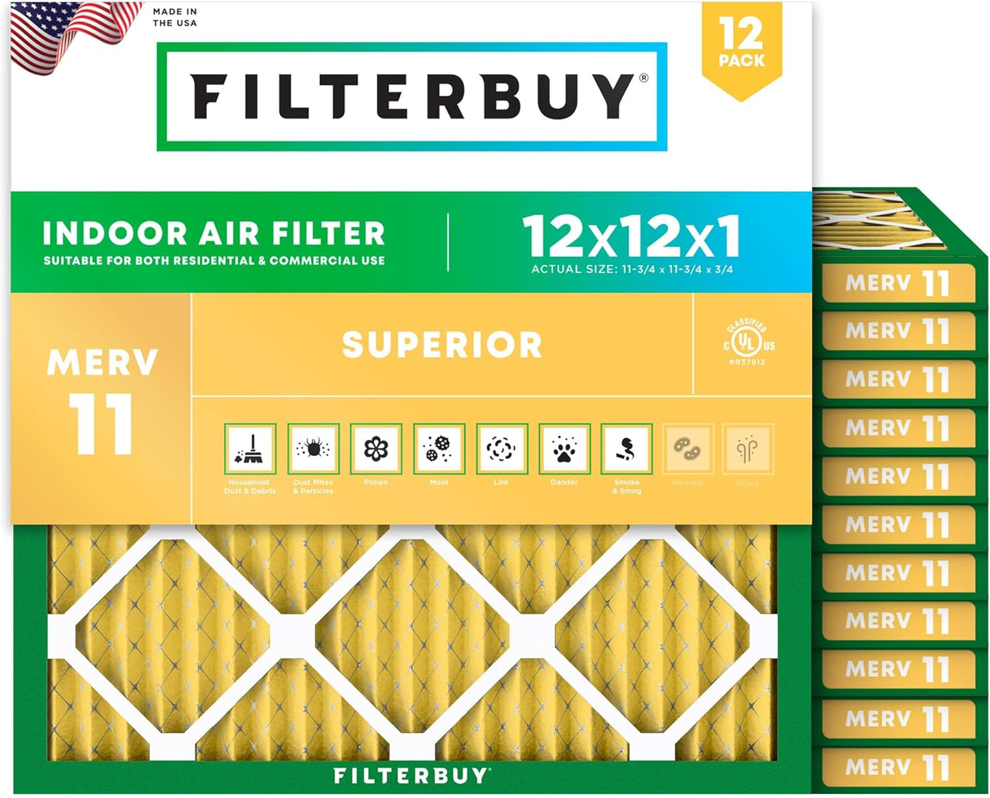 Filterbuy 12x12x1 Air Filter MERV 11 for Pet & Allergy Defense