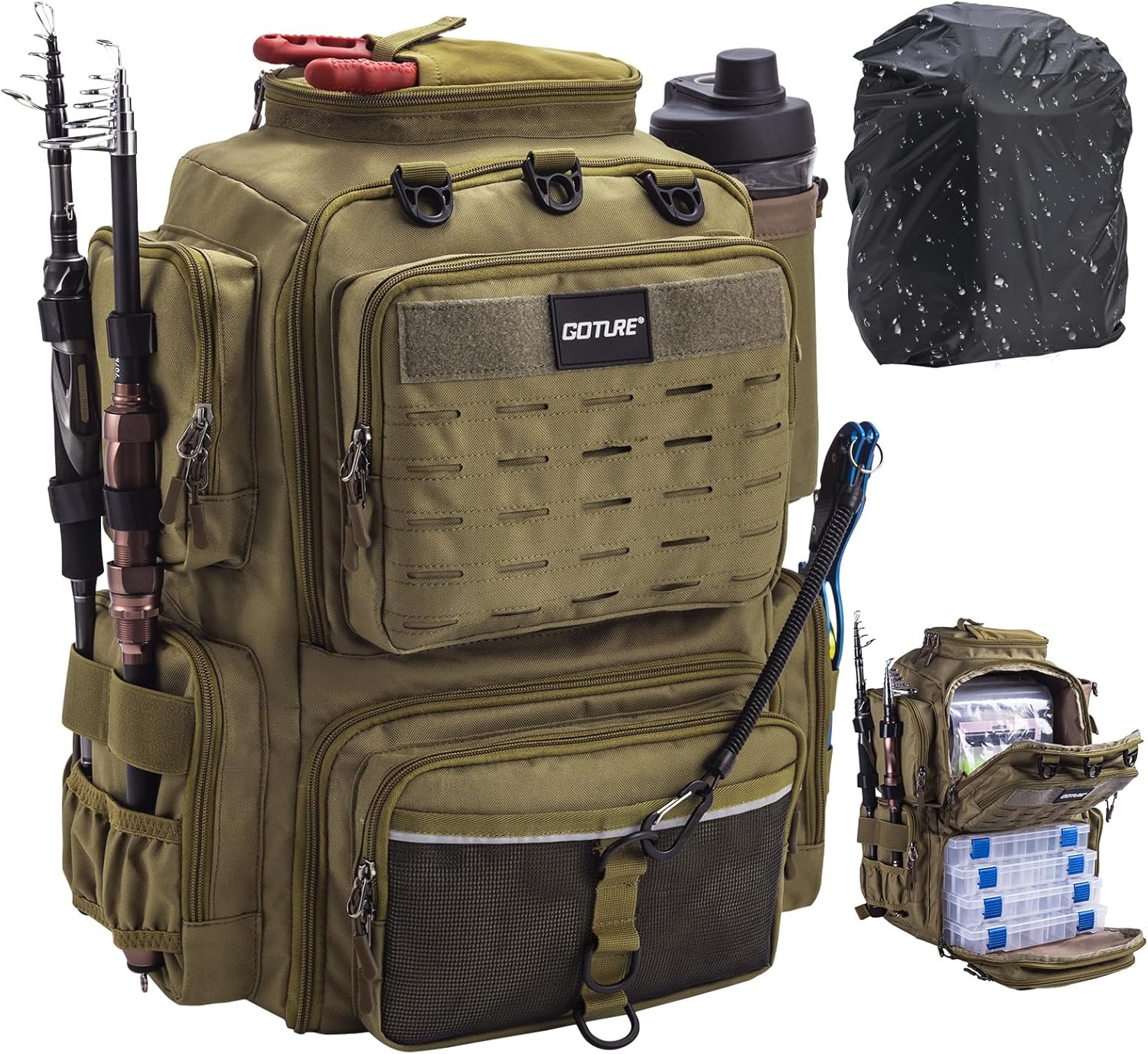 Goture 45L Fishing Tackle Backpack - Rod Holders, 8 Lure Pockets