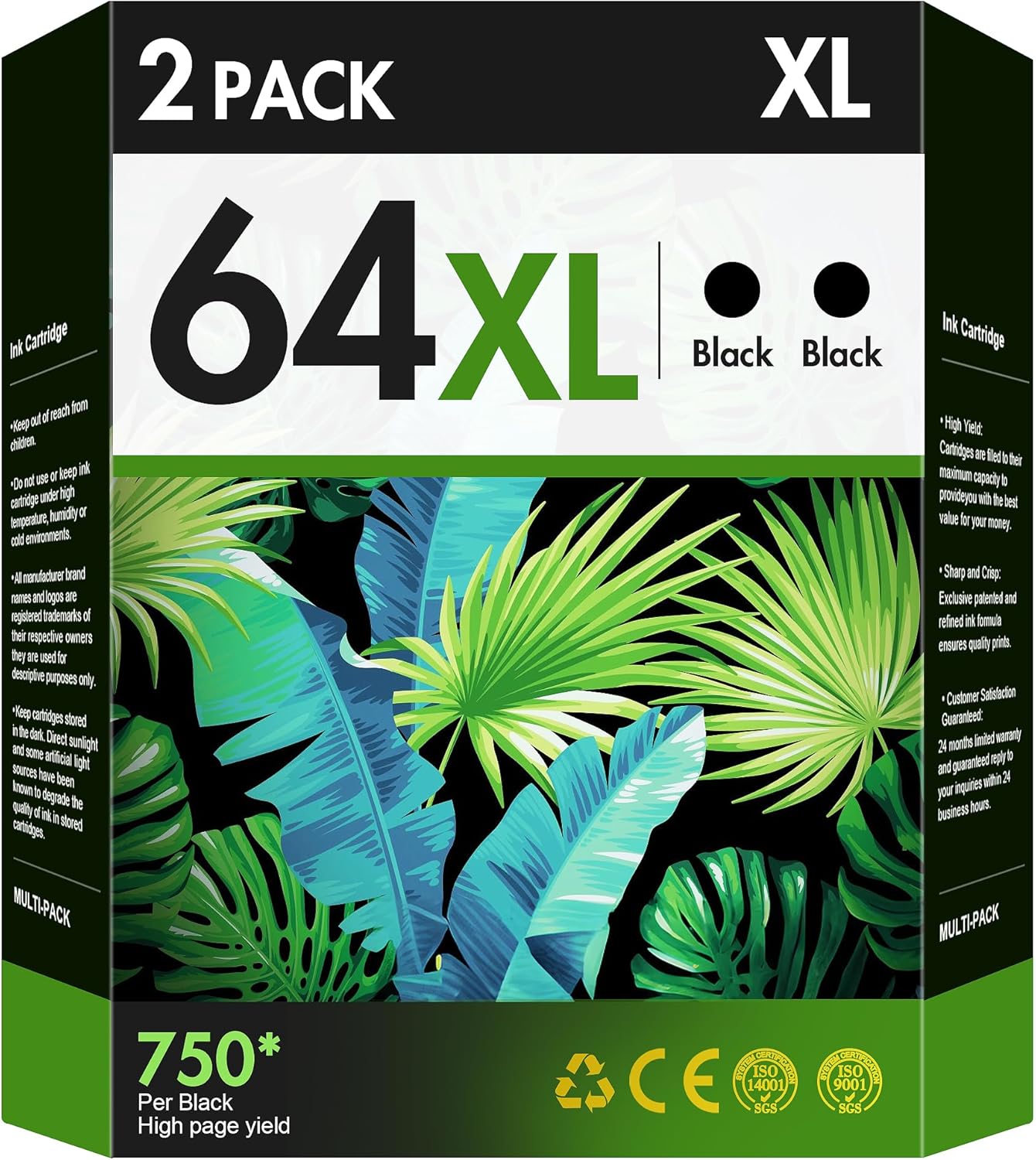 64XL Black Ink Cartridge 2 Pack Replacement for HP Printers