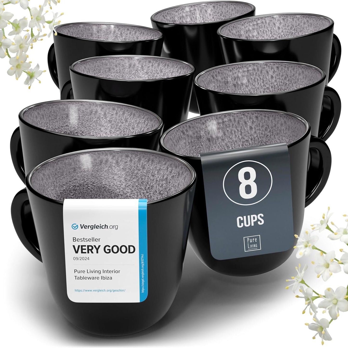 Stoneware Coffee Mugs Set of 8 - Modern Dark Gray Ceramic Cups
